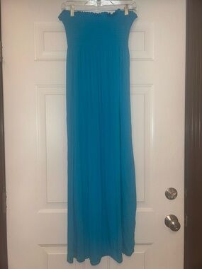 Liquid Strapless Maxi Dress S/M Blue Stretch Elastic Ruffle Feminine Minimalist